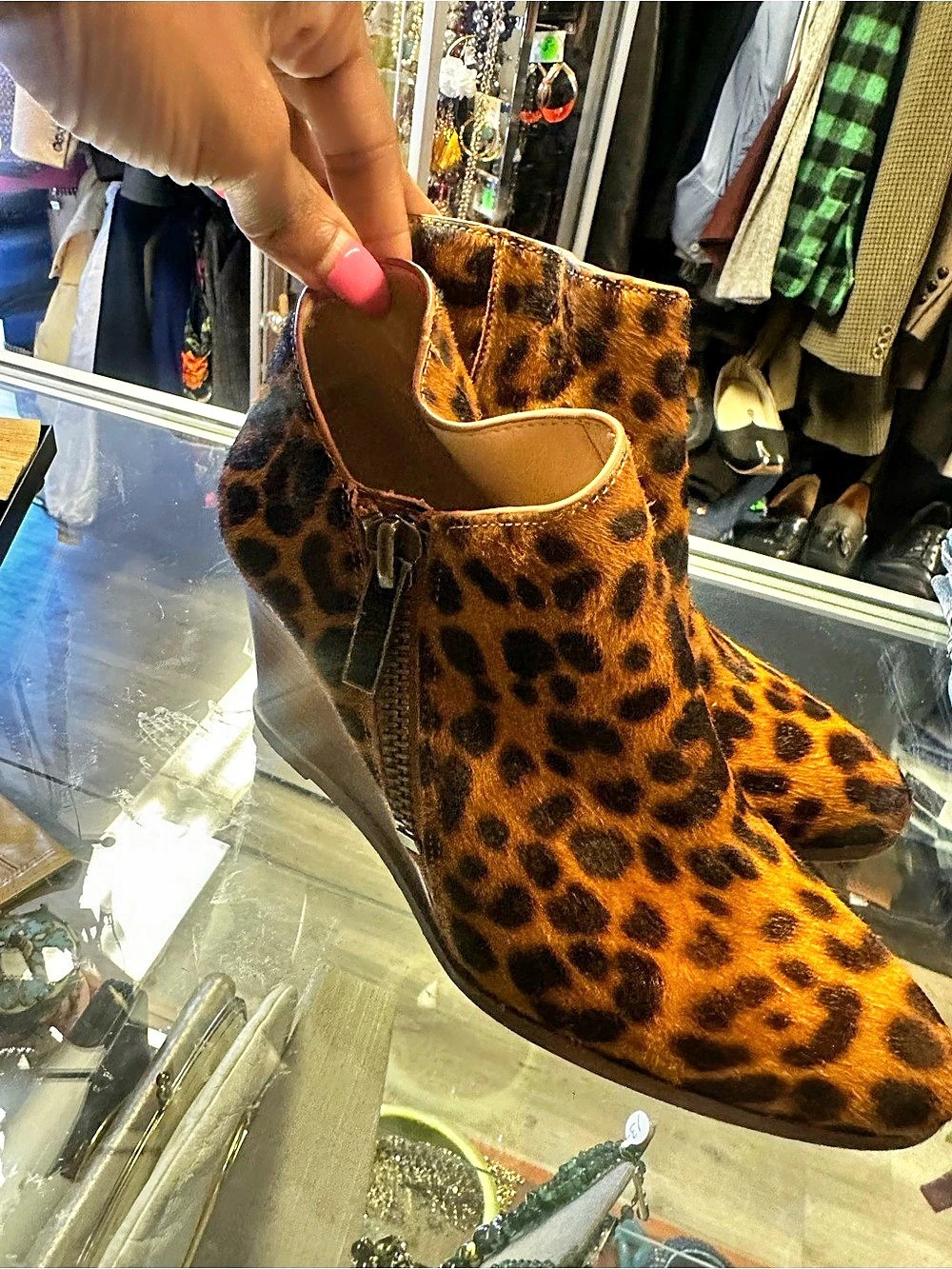 Leopard Print Wedge Booties in Brown & Black